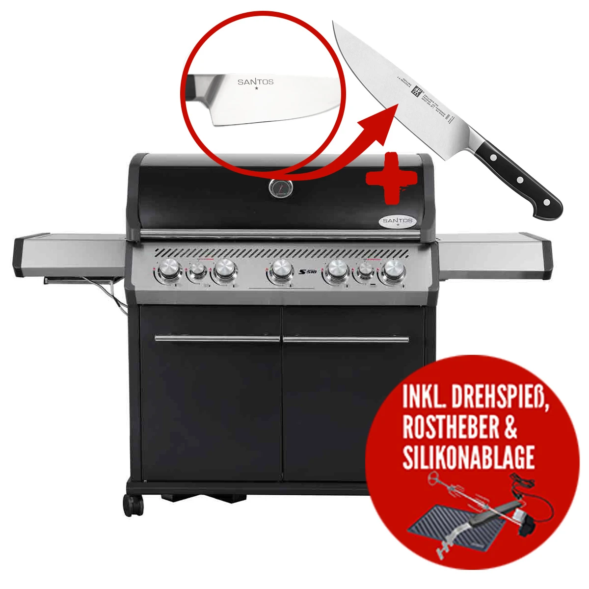 SANTOS S-518 Mit Seiten- Und Heckbrenner, Schwarz, Inkl. Drehspieß, Rostheber & Silikonablage & Graviertes ZWILLING Pro Messer 9 SANTOS S-518 Mit Seiten- Und Heckbrenner, Schwarz, Inkl. Drehspieß, Rostheber & Silikonablage & Graviertes ZWILLING Pro Messer – Bild 7